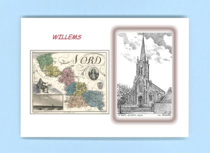 Cartes Postales impression Noir avec dpartement sur la ville de WILLEMS Titre : eglise
