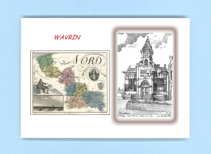Cartes Postales impression Noir avec dpartement sur la ville de WAVRIN Titre : hotel de ville