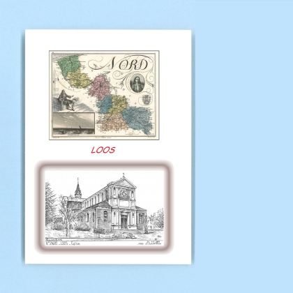 Cartes Postales impression Noir avec dpartement sur la ville de LOOS Titre : eglise