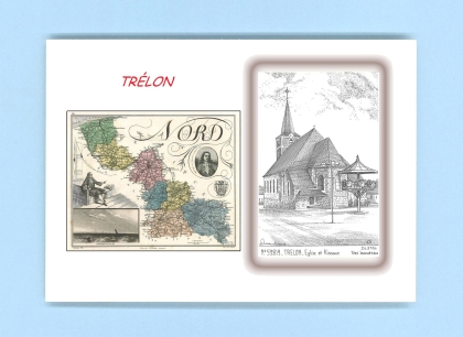 Cartes Postales impression Noir avec dpartement sur la ville de TRELON Titre : eglise et kiosque