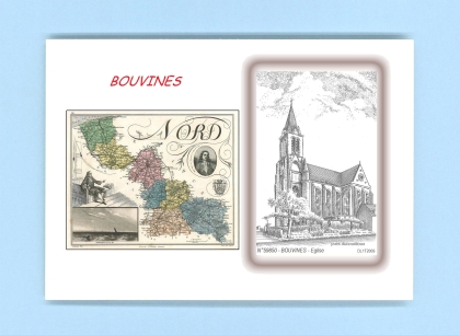 Cartes Postales impression Noir avec dpartement sur la ville de BOUVINES Titre : eglise