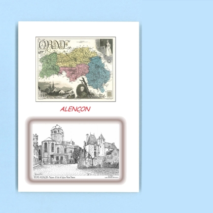 Cartes Postales impression Noir avec dpartement sur la ville de ALENCON Titre : maison d oze et eglise ND