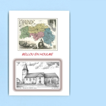 Cartes Postales impression Noir avec dpartement sur la ville de BELLOU EN HOULME Titre : eglise