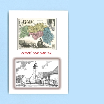 Cartes Postales impression Noir avec dpartement sur la ville de CONDE SUR SARTHE Titre : eglise