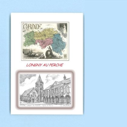 Cartes Postales impression Noir avec dpartement sur la ville de LONGNY AU PERCHE Titre : eglise et mairie