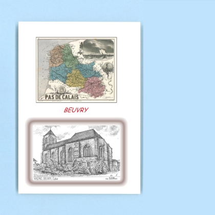 Cartes Postales impression Noir avec dpartement sur la ville de BEUVRY Titre : eglise