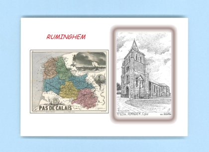 Cartes Postales impression Noir avec dpartement sur la ville de RUMINGHEM Titre : eglise