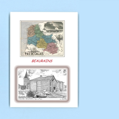 Cartes Postales impression Noir avec dpartement sur la ville de BEAURAINS Titre : eglise et mairie