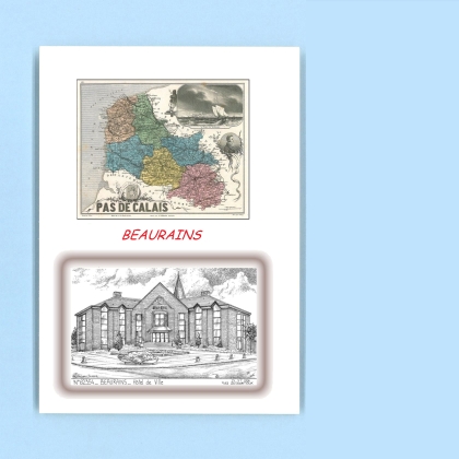 Cartes Postales impression Noir avec dpartement sur la ville de BEAURAINS Titre : hotel de ville