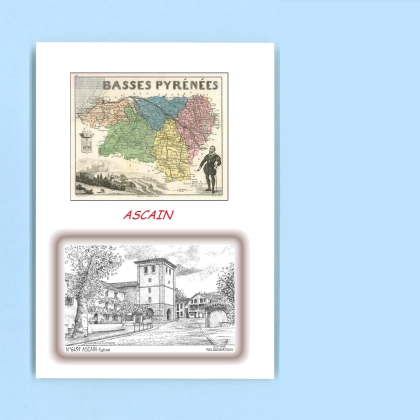 Cartes Postales impression Noir avec dpartement sur la ville de ASCAIN Titre : eglise