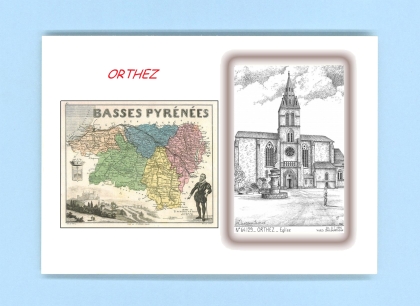 Cartes Postales impression Noir avec dpartement sur la ville de ORTHEZ Titre : eglise