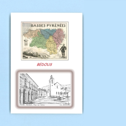 Cartes Postales impression Noir avec dpartement sur la ville de BEDOUS Titre : place de l eglise
