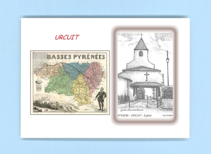 Cartes Postales impression Noir avec dpartement sur la ville de URCUIT Titre : eglise