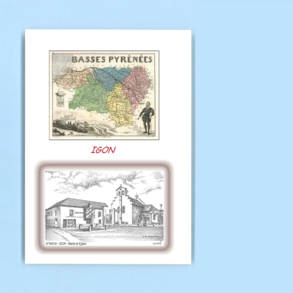 Cartes Postales impression Noir avec dpartement sur la ville de IGON Titre : mairie et eglise