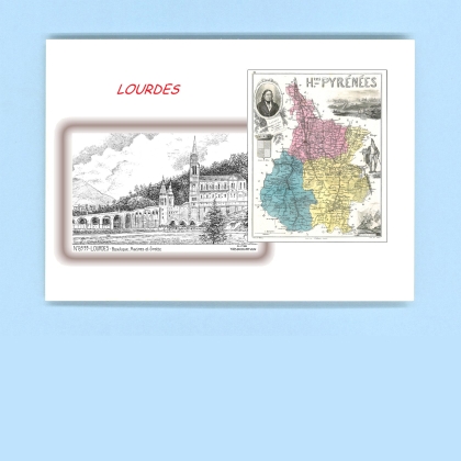Cartes Postales impression Noir avec dpartement sur la ville de LOURDES Titre : basilique piscines et grottes