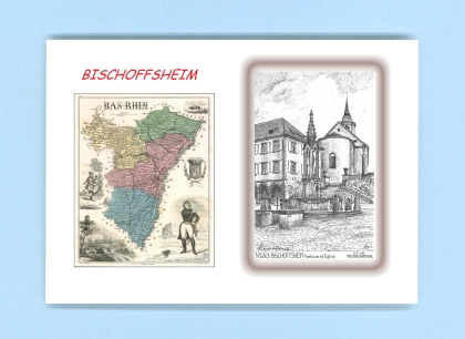 Cartes Postales impression Noir avec dpartement sur la ville de BISCHOFFSHEIM Titre : fontaine et eglise