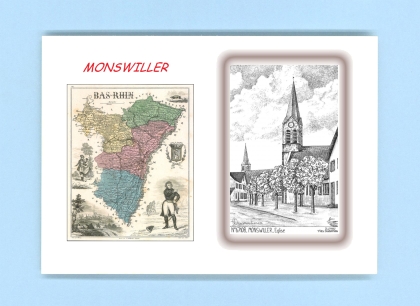 Cartes Postales impression Noir avec dpartement sur la ville de MONSWILLER Titre : eglise