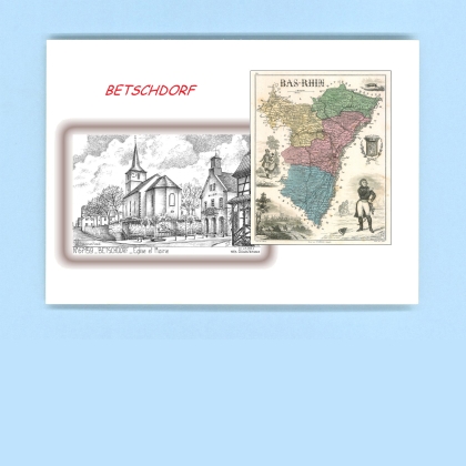 Cartes Postales impression Noir avec dpartement sur la ville de BETSCHDORF Titre : eglise et mairie