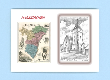 Cartes Postales impression Noir avec dpartement sur la ville de HARSKIRCHEN Titre : eglise