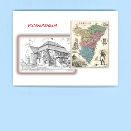Cartes Postales impression Noir avec dpartement sur la ville de WINGERSHEIM Titre : mairie et eglise
