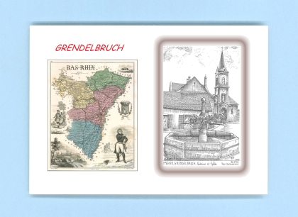 Cartes Postales impression Noir avec dpartement sur la ville de GRENDELBRUCH Titre : fontaine et eglise