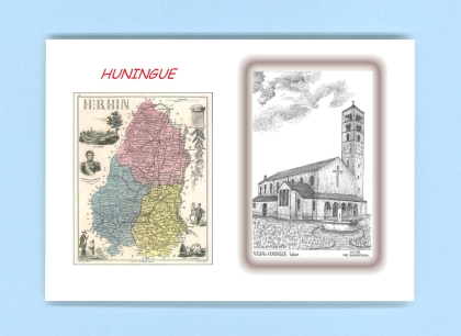 Cartes Postales impression Noir avec dpartement sur la ville de HUNINGUE Titre : eglise