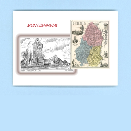 Cartes Postales impression Noir avec dpartement sur la ville de MUNTZENHEIM Titre : eglise