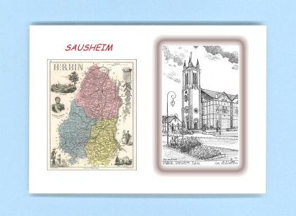 Cartes Postales impression Noir avec dpartement sur la ville de SAUSHEIM Titre : eglise