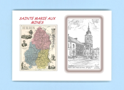 Cartes Postales impression Noir avec dpartement sur la ville de STE MARIE AUX MINES Titre : hotel de ville et eglise