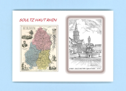 Cartes Postales impression Noir avec dpartement sur la ville de SOULTZ HAUT RHIN Titre : eglise et fontaine