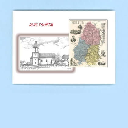 Cartes Postales impression Noir avec dpartement sur la ville de RUELISHEIM Titre : eglise