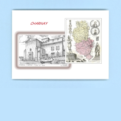 Cartes Postales impression Noir avec dpartement sur la ville de CHARNAY Titre : eglise et poste