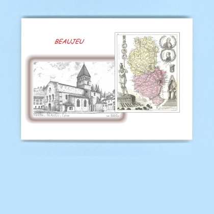 Cartes Postales impression Noir avec dpartement sur la ville de BEAUJEU Titre : eglise