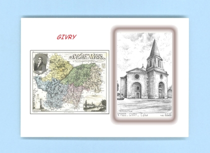 Cartes Postales impression Noir avec dpartement sur la ville de GIVRY Titre : eglise