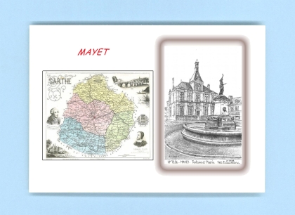 Cartes Postales impression Noir avec dpartement sur la ville de MAYET Titre : fontaine et mairie
