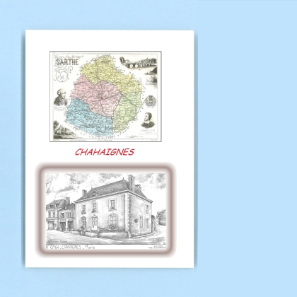 Cartes Postales impression Noir avec dpartement sur la ville de CHAHAIGNES Titre : mairie