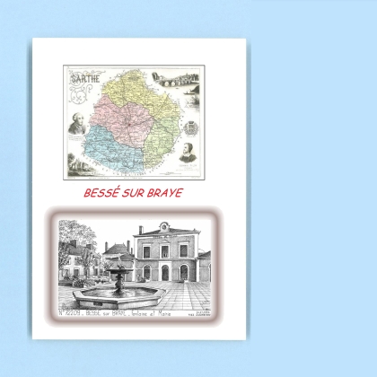 Cartes Postales impression Noir avec dpartement sur la ville de BESSE SUR BRAYE Titre : fontaine et mairie