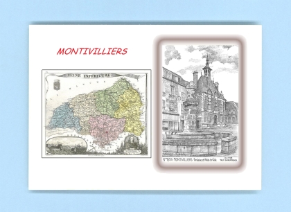 Cartes Postales impression Noir avec dpartement sur la ville de MONTIVILLIERS Titre : fontaine et hotel de ville