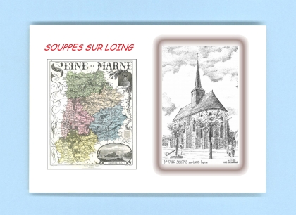 Cartes Postales impression Noir avec dpartement sur la ville de SOUPPES SUR LOING Titre : eglise