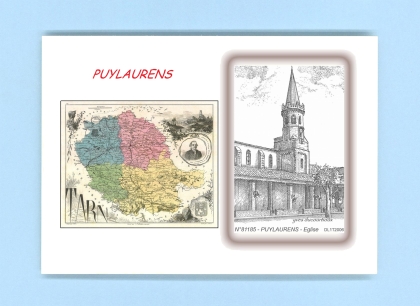 Cartes Postales impression Noir avec dpartement sur la ville de PUYLAURENS Titre : eglise