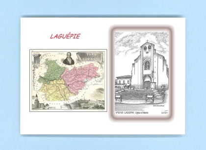 Cartes Postales impression Noir avec dpartement sur la ville de LAGUEPIE Titre : eglise et mairie