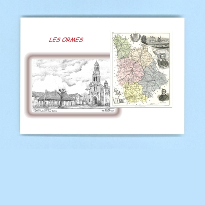 Cartes Postales impression Noir avec dpartement sur la ville de LES ORMES Titre : eglise