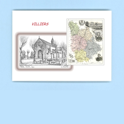 Cartes Postales impression Noir avec dpartement sur la ville de VILLIERS Titre : eglise