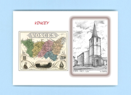 Cartes Postales impression Noir avec dpartement sur la ville de VINCEY Titre : eglise