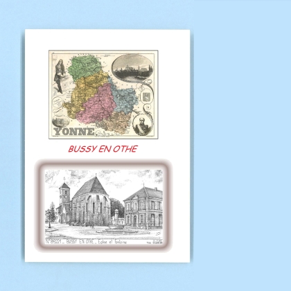 Cartes Postales impression Noir avec dpartement sur la ville de BUSSY EN OTHE Titre : eglise et fontaine